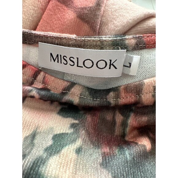 MISSLOOK Pink Flower Maxi Dress Tan Green Yellow Long Sleeve Knit Size Large - Picture 4 of 5